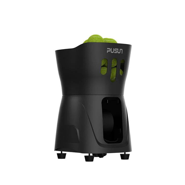 A PUSUN automatic tennis ball machine with a sleek black design, featuring a top-loading compartment filled with tennis balls and a front launch mechanism for ball delivery. The machine is designed for tennis training, providing consistent ball feeds for solo practice sessions.