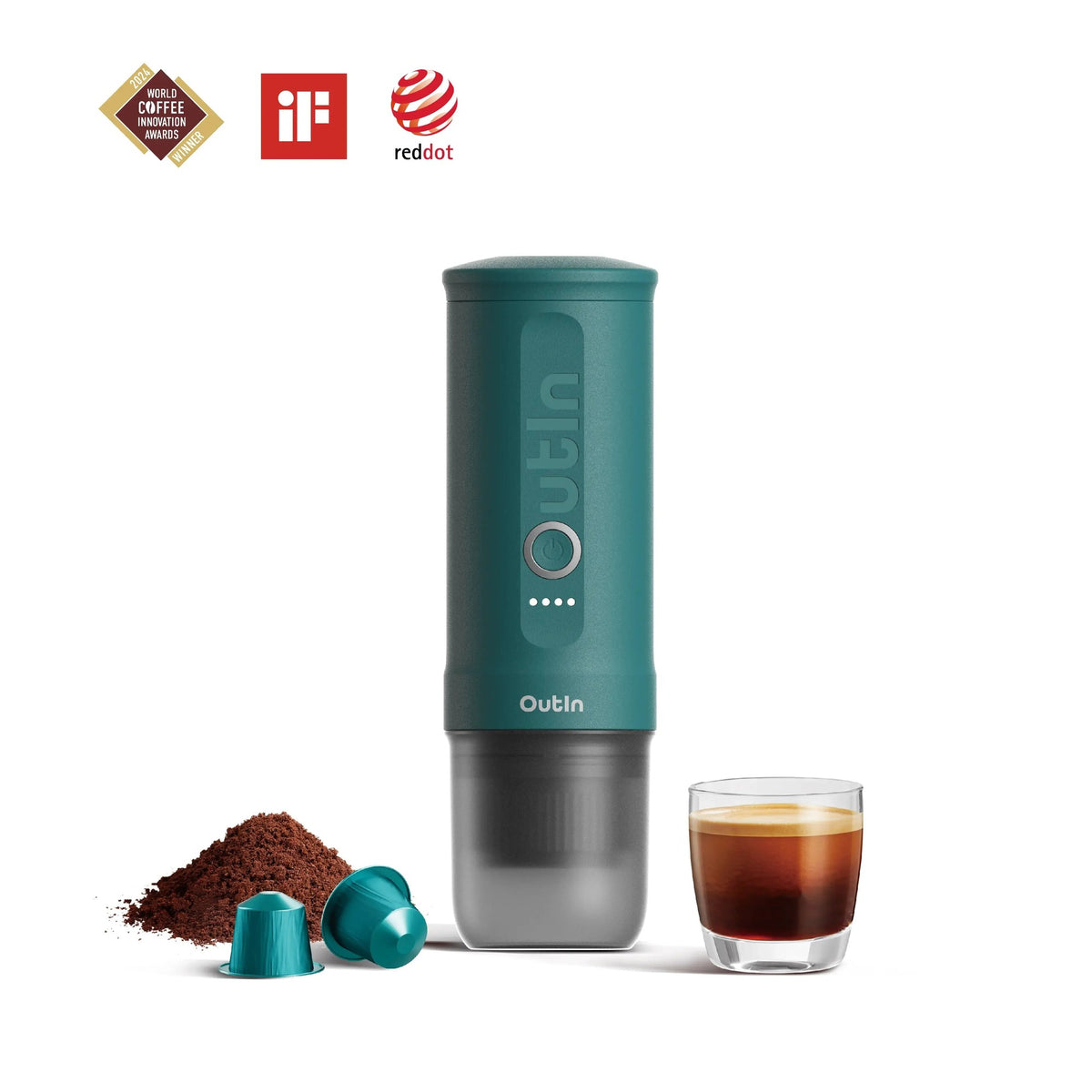 OutIn Nano OutIn Teal portable espresso machine with capsules, grounds and espresso