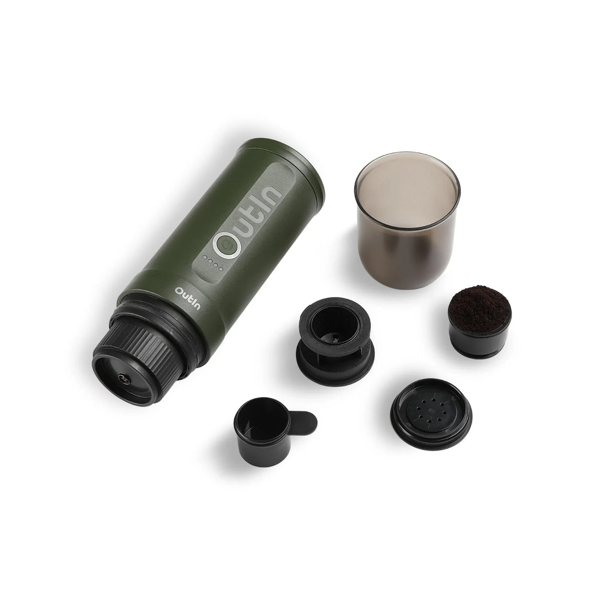 OutIn Nano Forest Green with accessories: capsule adapter, grounds basket, scoop and cup