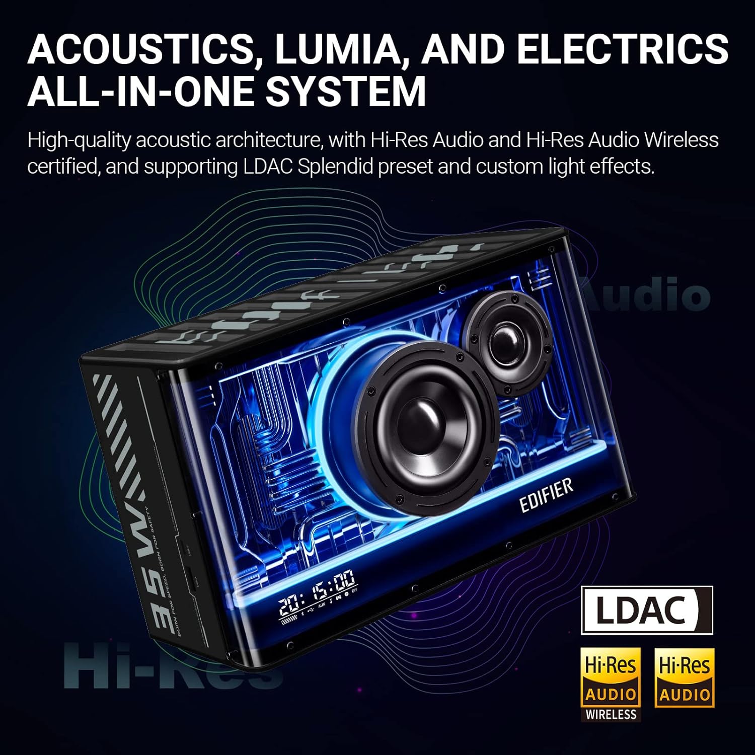 High-quality all-in-one system with Hi-Res Audio, wireless certification, LDAC support, and custom light effects.