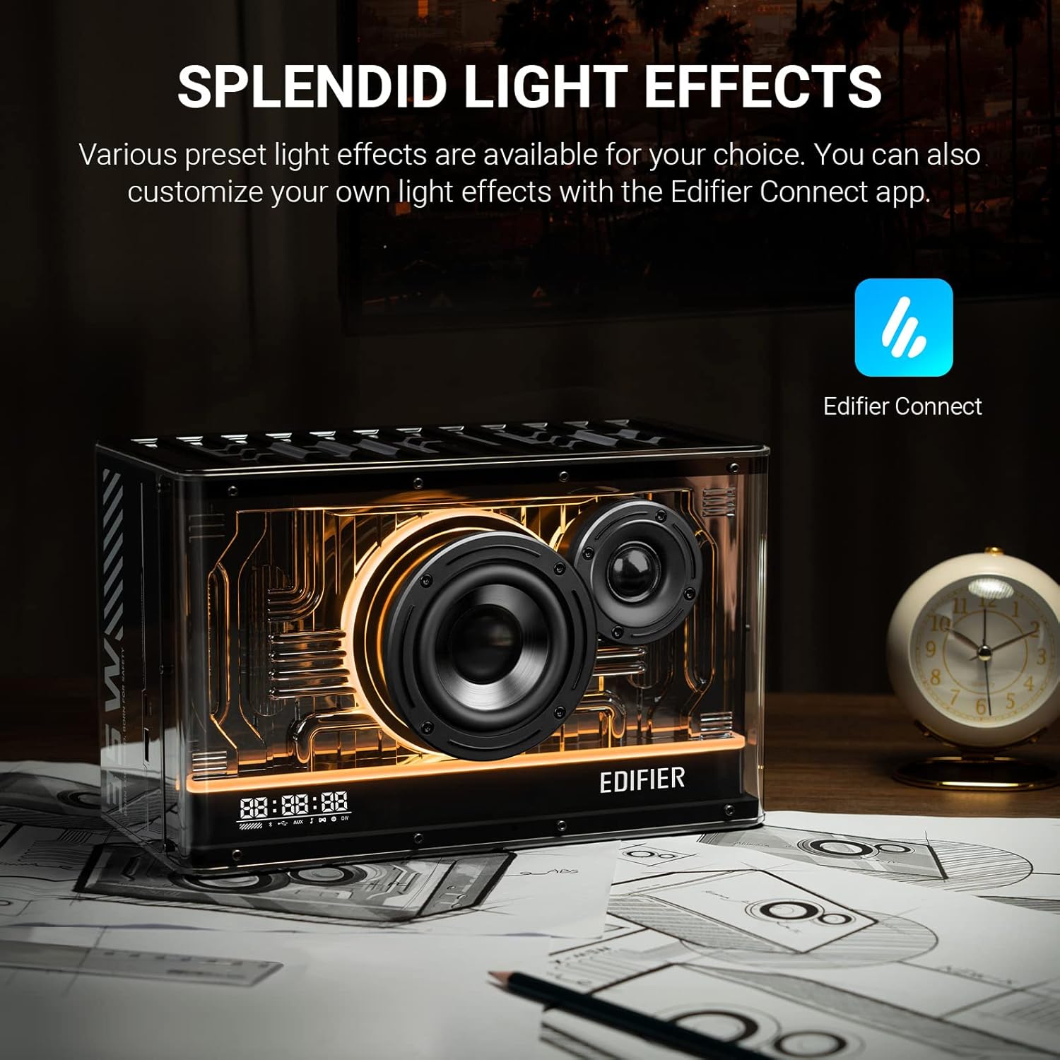 This image highlights the Edifier speaker's **customizable light effects**. It offers various preset lighting options and allows users to personalize effects using the **Edifier Connect app**. The transparent, futuristic design is enhanced by glowing internal lights, creating a visually striking audio system suitable for modern setups. The accompanying clock and detailed surroundings suggest the speaker blends functionality with style.