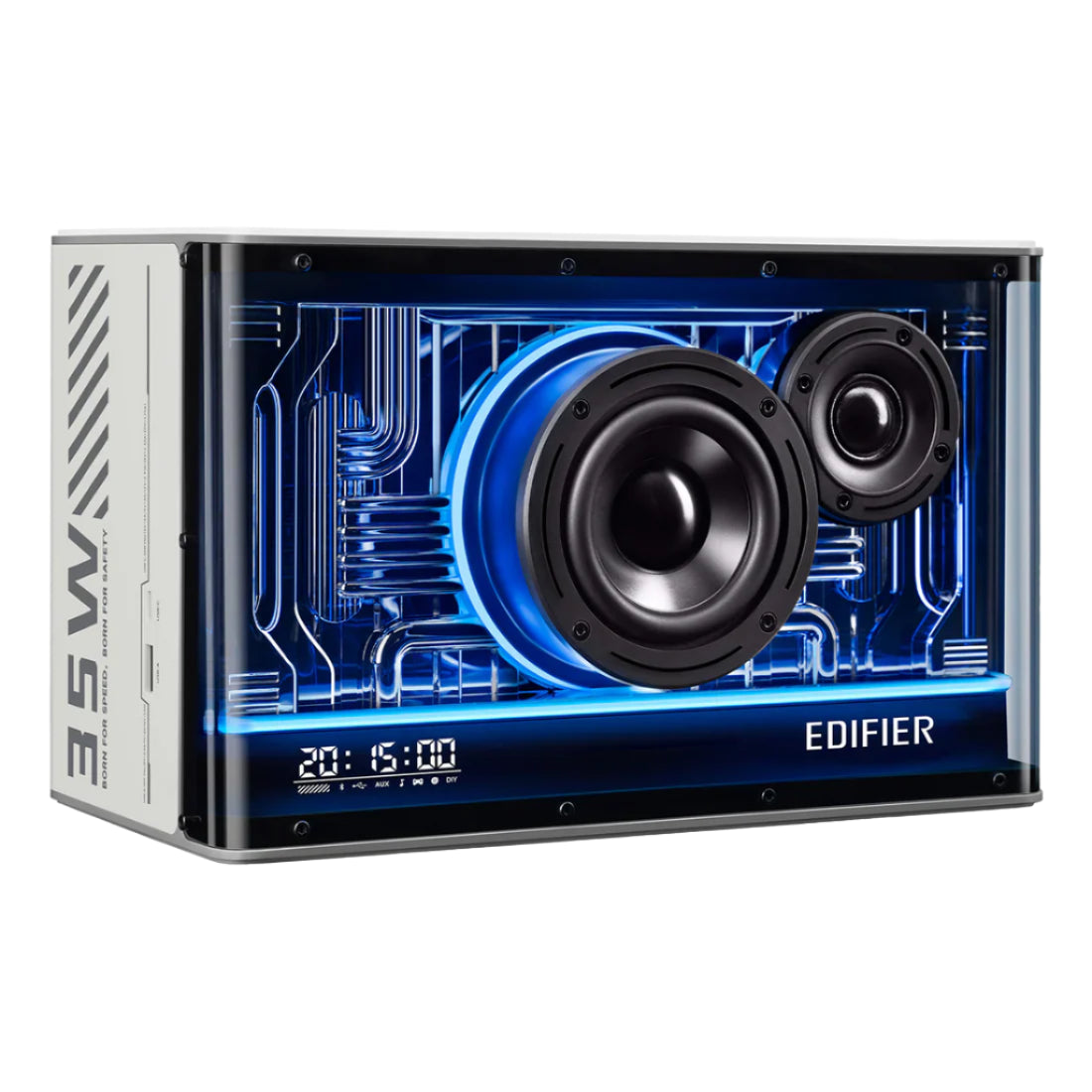 This image showcases an Edifier speaker with a futuristic design featuring a transparent enclosure that reveals its internal components, accented by vibrant blue LED lighting. It combines aesthetic appeal with functionality, making it a striking centerpiece for modern audio setups. The front display indicates time and other settings, suggesting it includes smart or digital features.