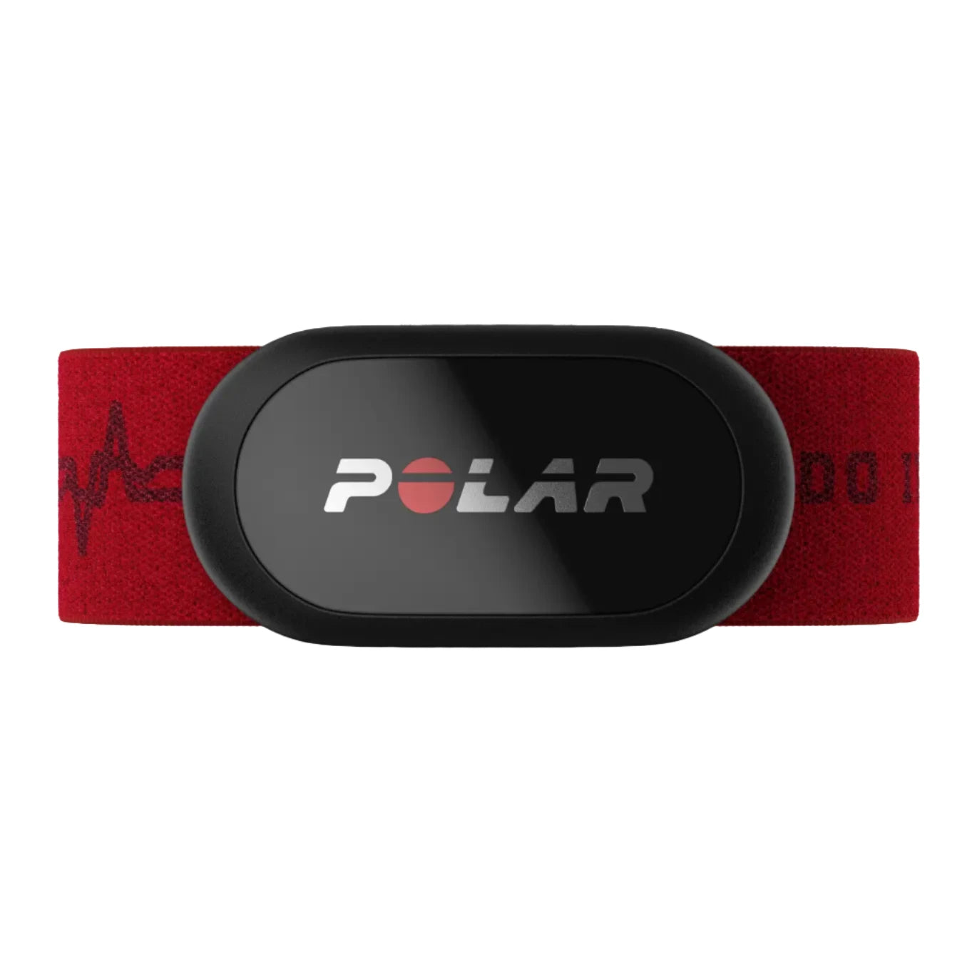 The image displays a Polar heart rate monitor with a black sensor module attached to a red strap. The Polar logo is prominently featured in white on the sensor, with the strap designed in a comfortable and secure fit for chest wear. The red strap also features a subtle EKG line graphic, emphasizing its purpose for heart rate monitoring during workouts. The design is sleek and minimalistic, ideal for athletes and fitness enthusiasts seeking accurate heart rate data during exercise.