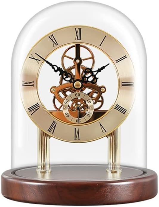 Classic golden skeleton clock with Roman numerals, featuring intricately crafted gears and elegant black hands, encased under a clear glass dome. The clock is supported by gold pillars on a polished wooden base, exuding timeless elegance and sophistication.