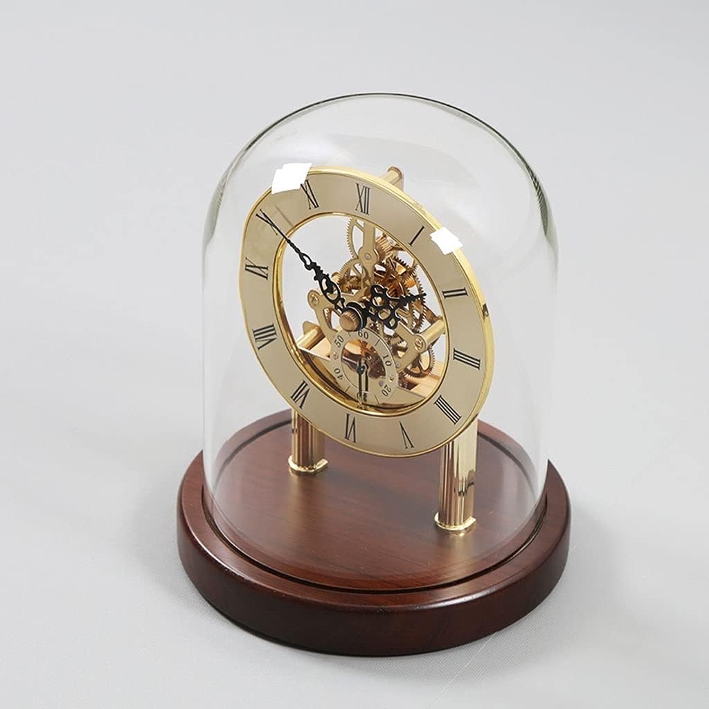 Sophisticated golden skeleton clock with Roman numerals, intricate inner gears, and ornate hands, elegantly displayed under a glass dome on a rich wooden base. The timeless design emphasizes luxury and fine craftsmanship.