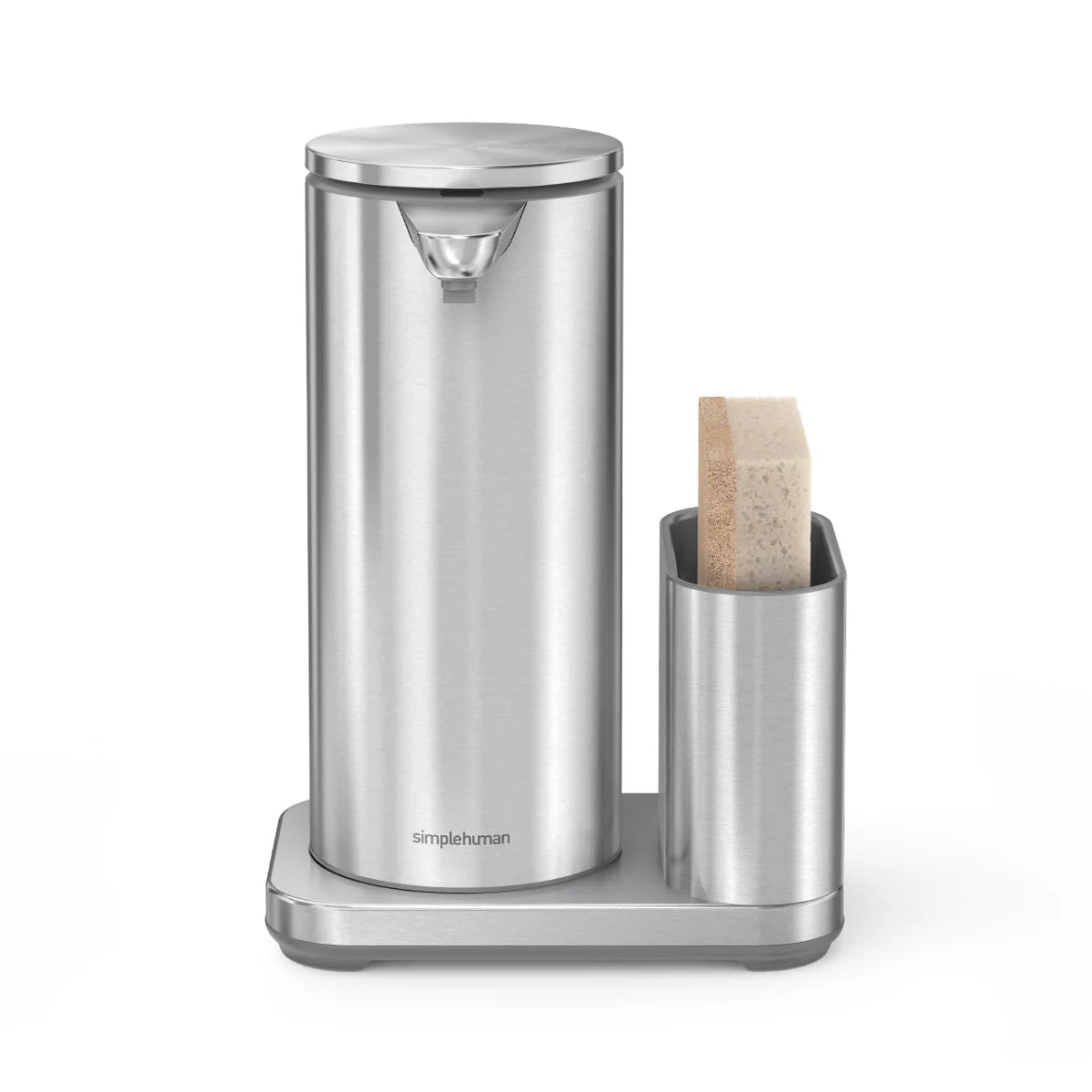 A sleek, stainless steel kitchen accessory set including an automatic soap dispenser and a sponge holder on a rectangular base. The soap dispenser has a cylindrical shape with a sensor near the top for touchless operation, and the sponge holder is positioned adjacent to it, holding a sponge.