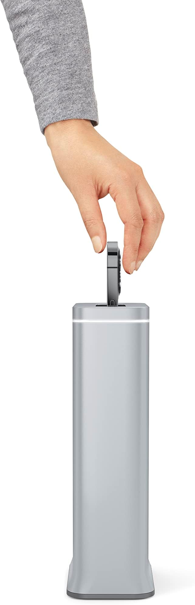 Simplehuman toilet plunger, ergonomic handle design, durable stainless steel rod, and discreet, slim profile for efficient bathroom storage.