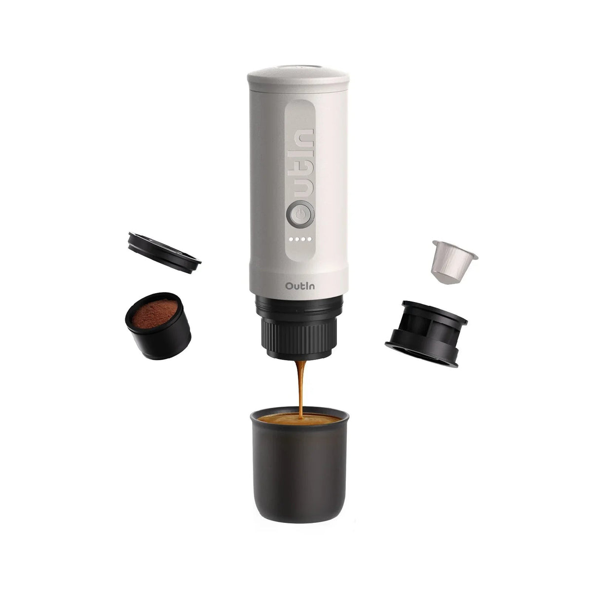 OutIn Nano Pearl White brewing espresso, exploded view of capsule and ground coffee parts