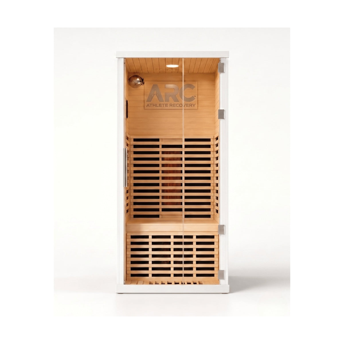 ARC Solace one person infrared sauna, front view on white background