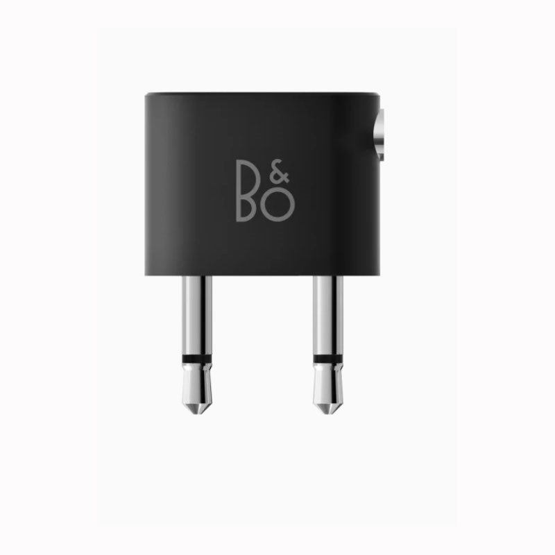 B&O dual-prong flight adapter in black, compatible with premium headphones for seamless in-flight audio connection.